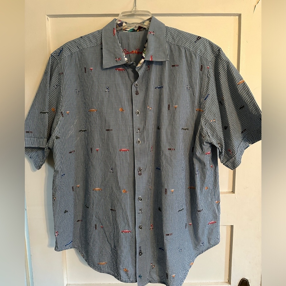 Robert Graham Short Sleeve Check, Cars, Booze, Cigar Button Down Men's XL